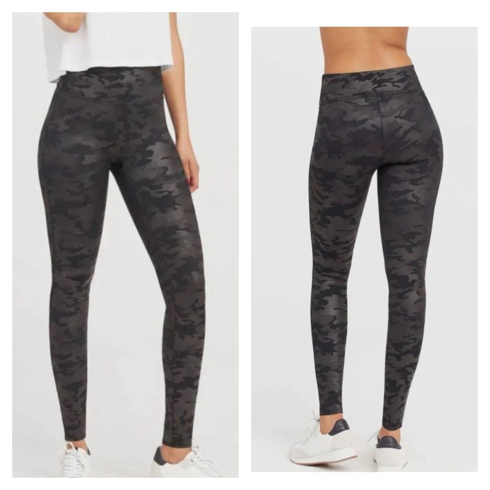 SPANX Faux Leather Leggings Matte Black Camo Print High Waist Mob Wife Baddie L